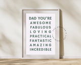 Dad You're Awesome, Art Print Poster, Fathers Day, Dads Birthday, Great Dad, Typography Wall Art, Eclectic Funky Sassy Quirky Home Decor